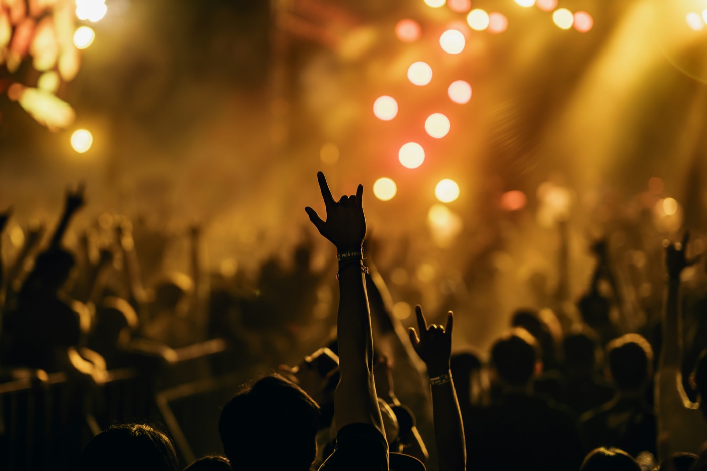 Público de un concierto con luces cálidas de escenario al fondo